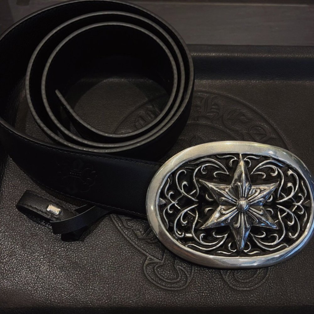 Chrome hearts unisex oval star leather logo belt